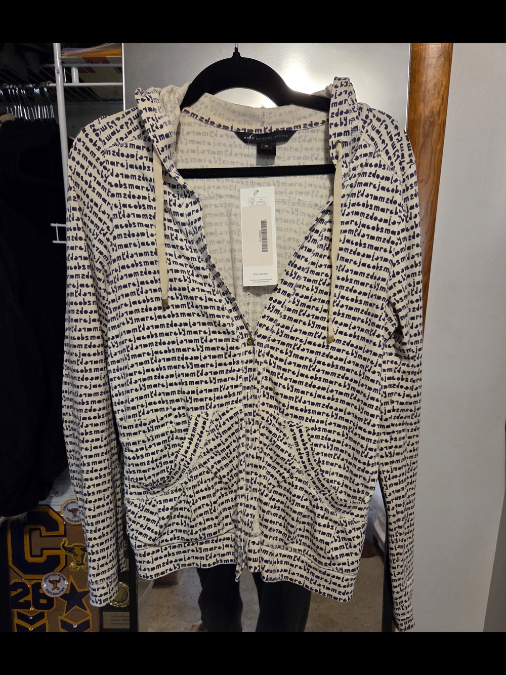 Marc by Marc Jacobs Cream & Blue Logo-Print Zip Hoodie